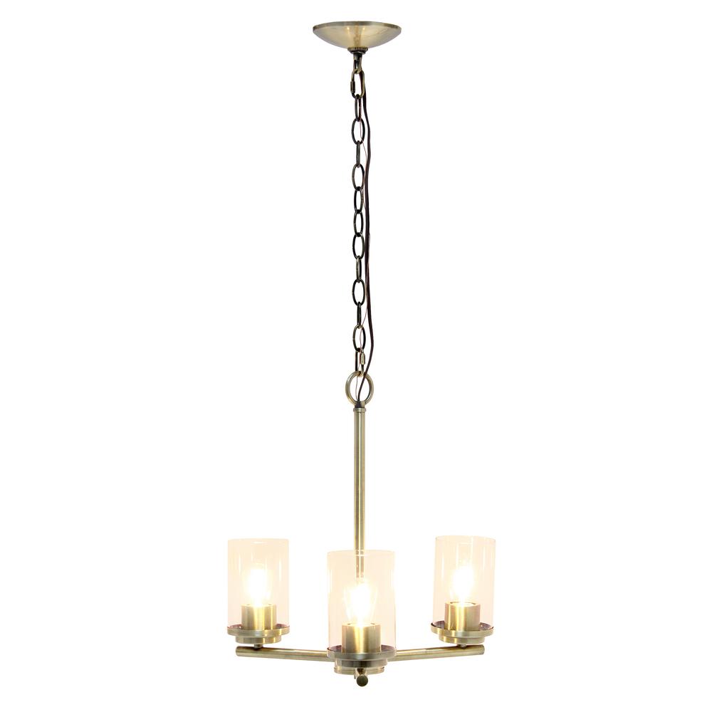 15" 3-Light Metal Clear Glass Foyer Hanging Pendant Chandelier, Antique Brass. Picture 11