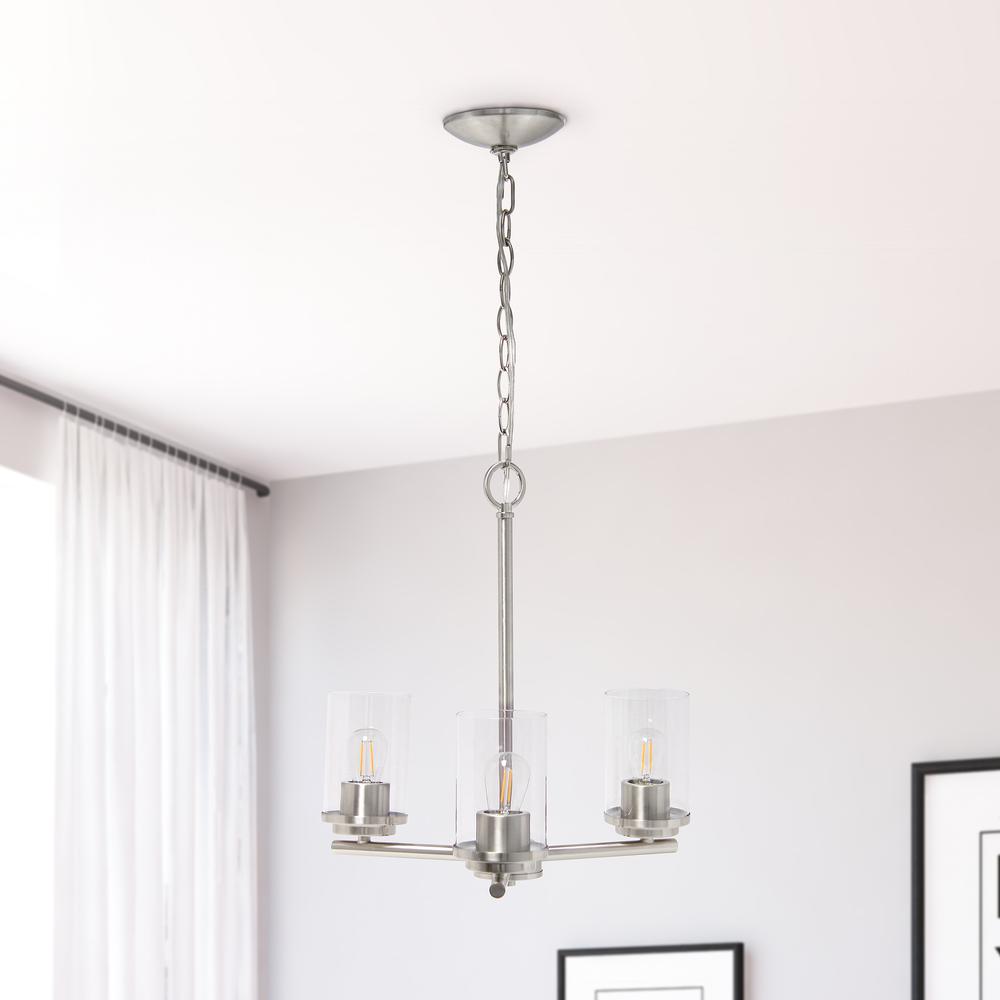 15" 3-Light Metal Clear Glass Foyer Hanging Pendant Chandelier, Brushed Nickel. Picture 1