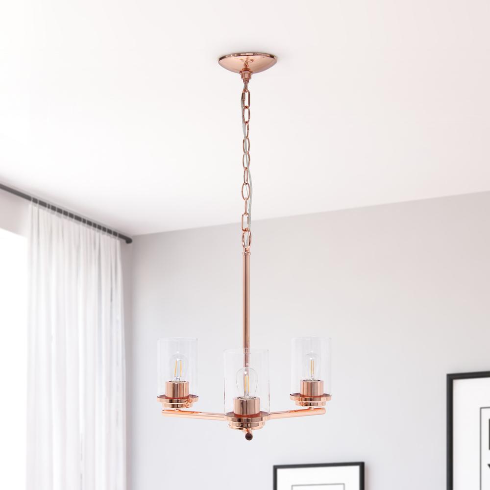 15" 3-Light Metal Clear Glass Foyer Hanging Pendant Chandelier, Rose Gold. Picture 1