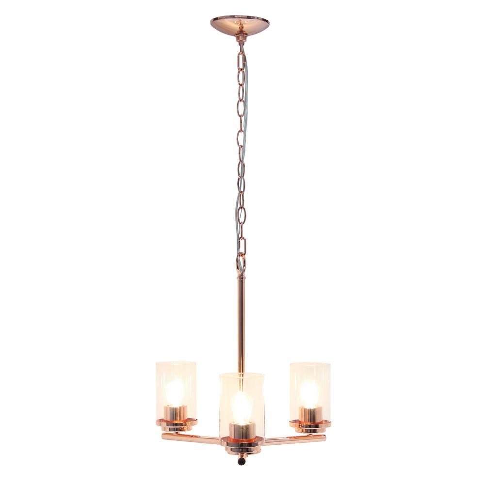15" 3-Light Metal Clear Glass Foyer Hanging Pendant Chandelier, Rose Gold. Picture 11