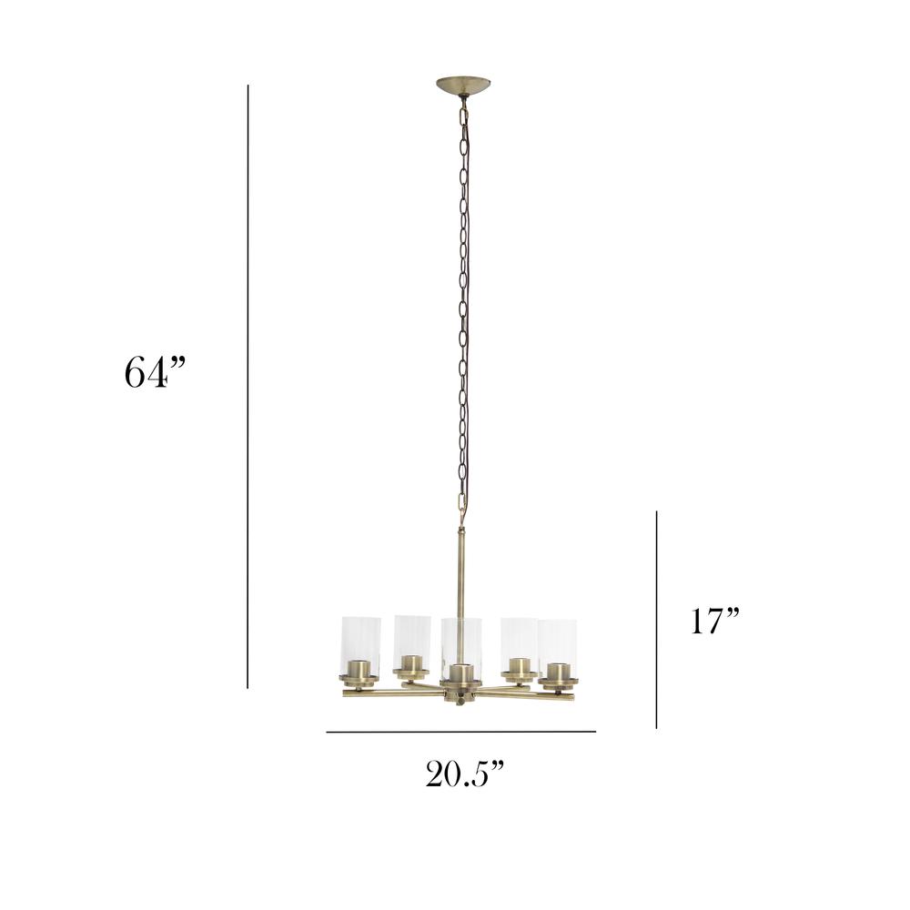 20.5" 5-Light Metal Clear Glass Foyer Hanging Pendant Chandelier, Antique Brass. Picture 6