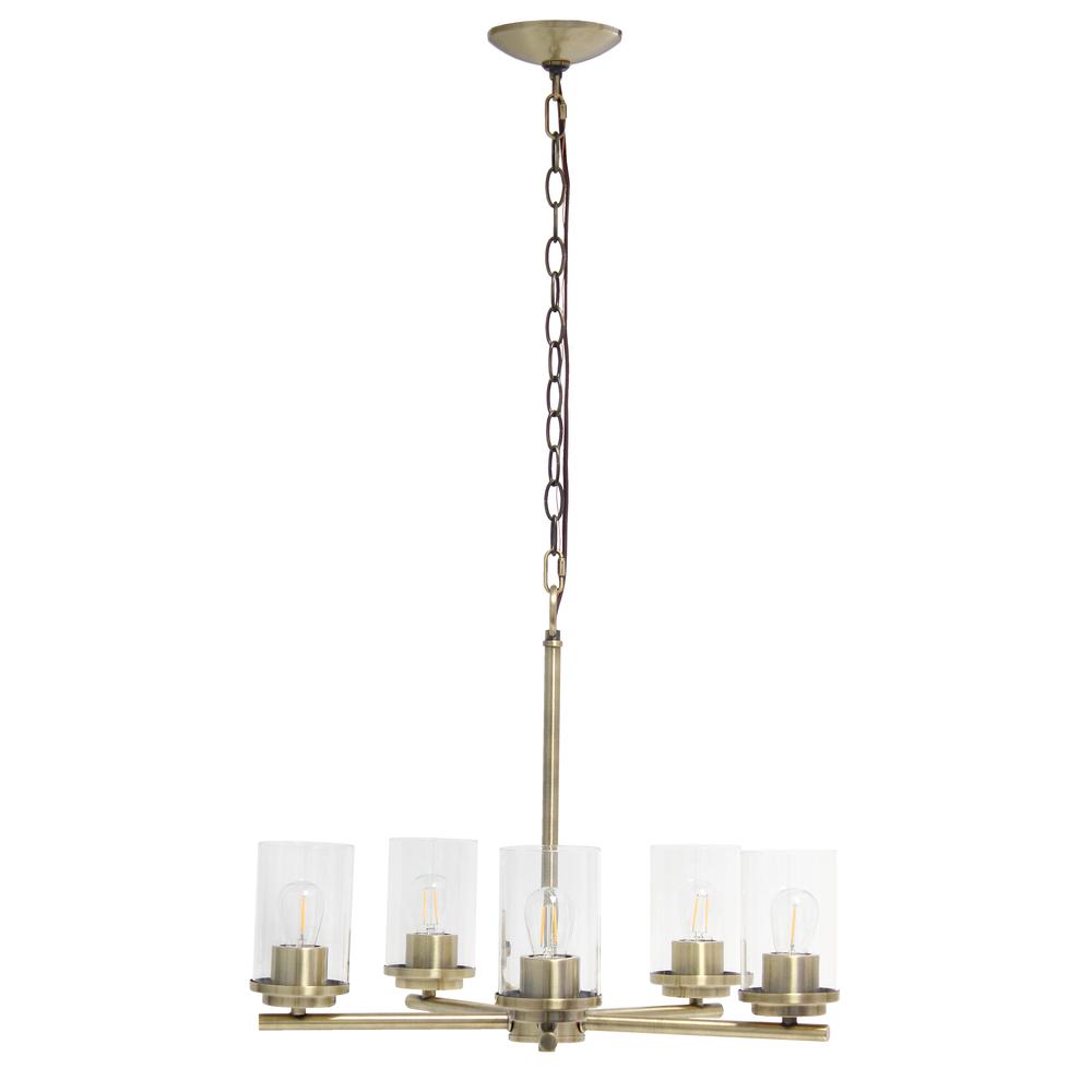 20.5" 5-Light Metal Clear Glass Foyer Hanging Pendant Chandelier, Antique Brass. Picture 10