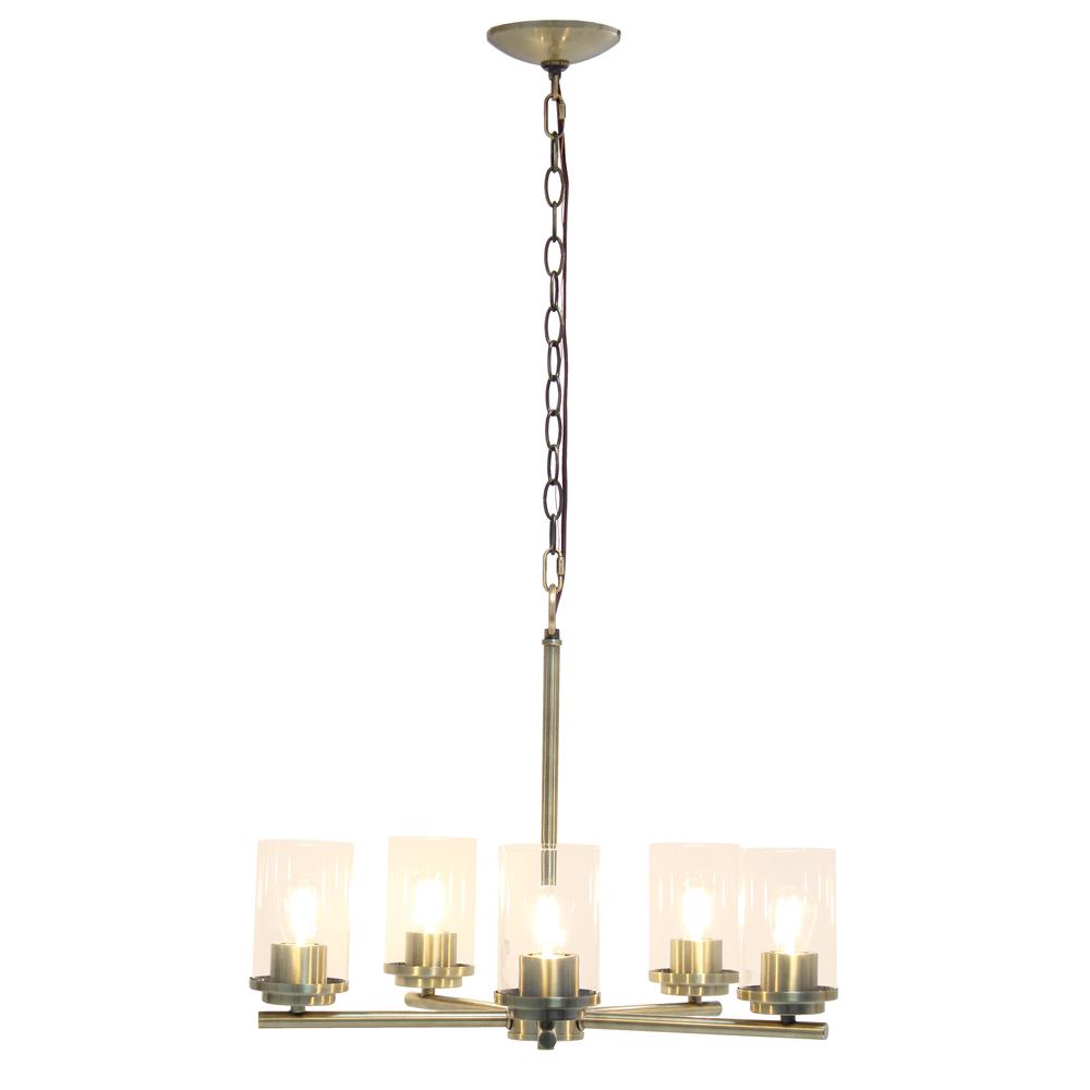 20.5" 5-Light Metal Clear Glass Foyer Hanging Pendant Chandelier, Antique Brass. Picture 11