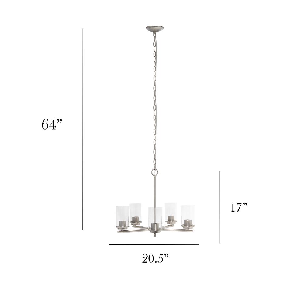 20.5" 5-Light Metal Clear Glass Den Hanging Pendant Chandelier, Brushed Nickel. Picture 6