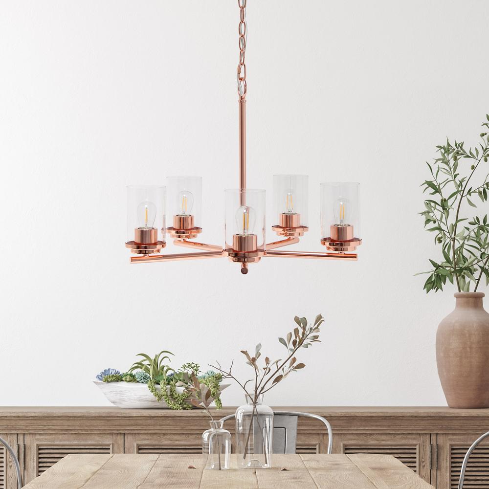 20.5" 5-Light Metal Clear Glass Foyer Hanging Pendant Chandelier, Rose Gold. Picture 2