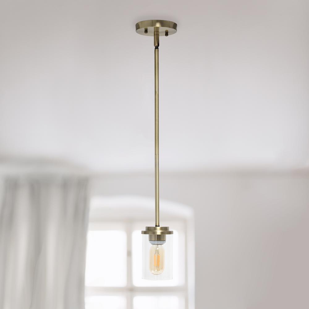 5.75" 1-Light Cylindrical Clear Glass Hanging Ceiling Pendant, Antique Brass. Picture 1