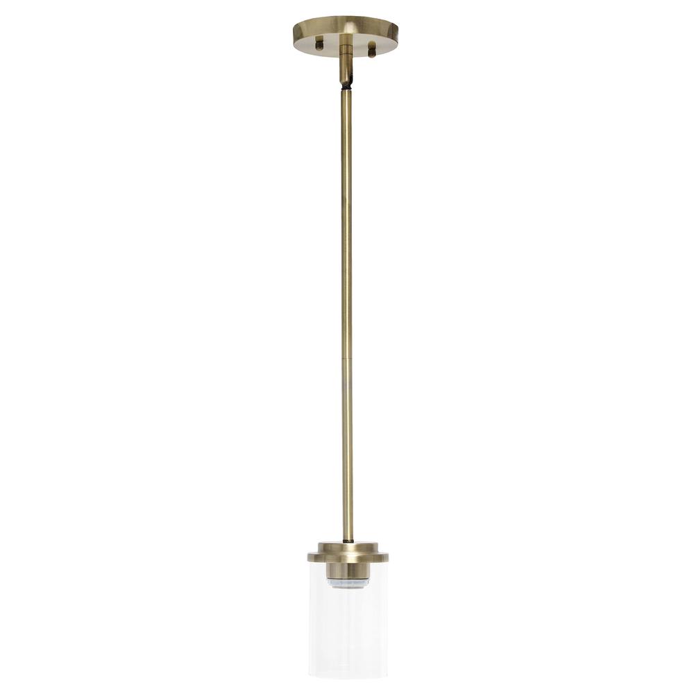 5.75" 1-Light Cylindrical Clear Glass Hanging Ceiling Pendant, Antique Brass. Picture 7