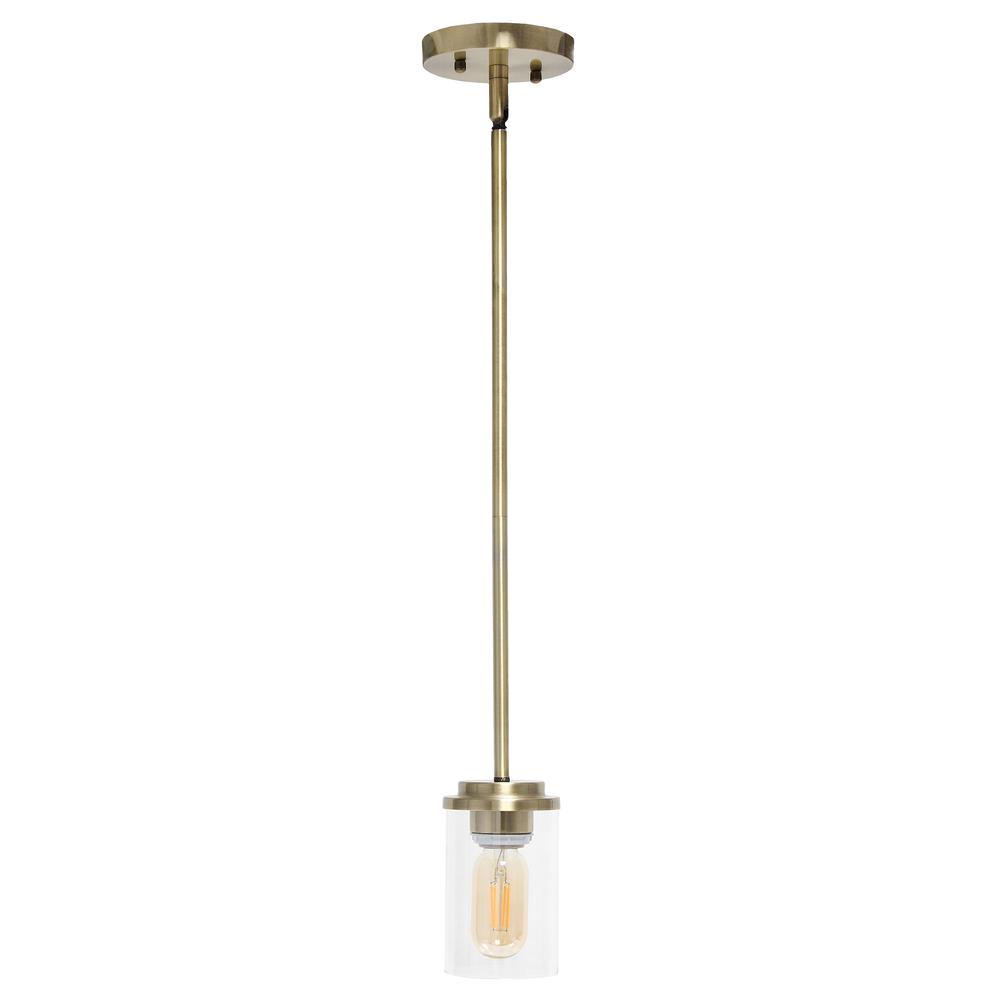 5.75" 1-Light Cylindrical Clear Glass Hanging Ceiling Pendant, Antique Brass. Picture 9