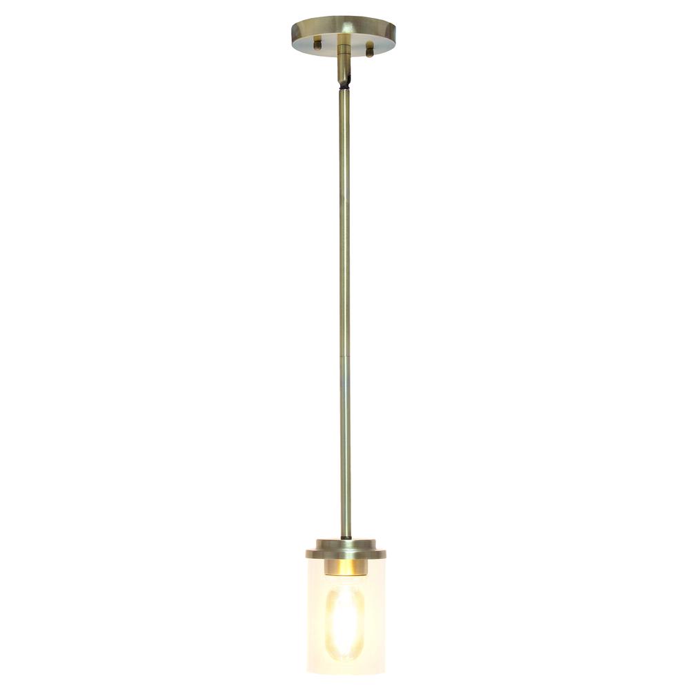 5.75" 1-Light Cylindrical Clear Glass Hanging Ceiling Pendant, Antique Brass. Picture 10