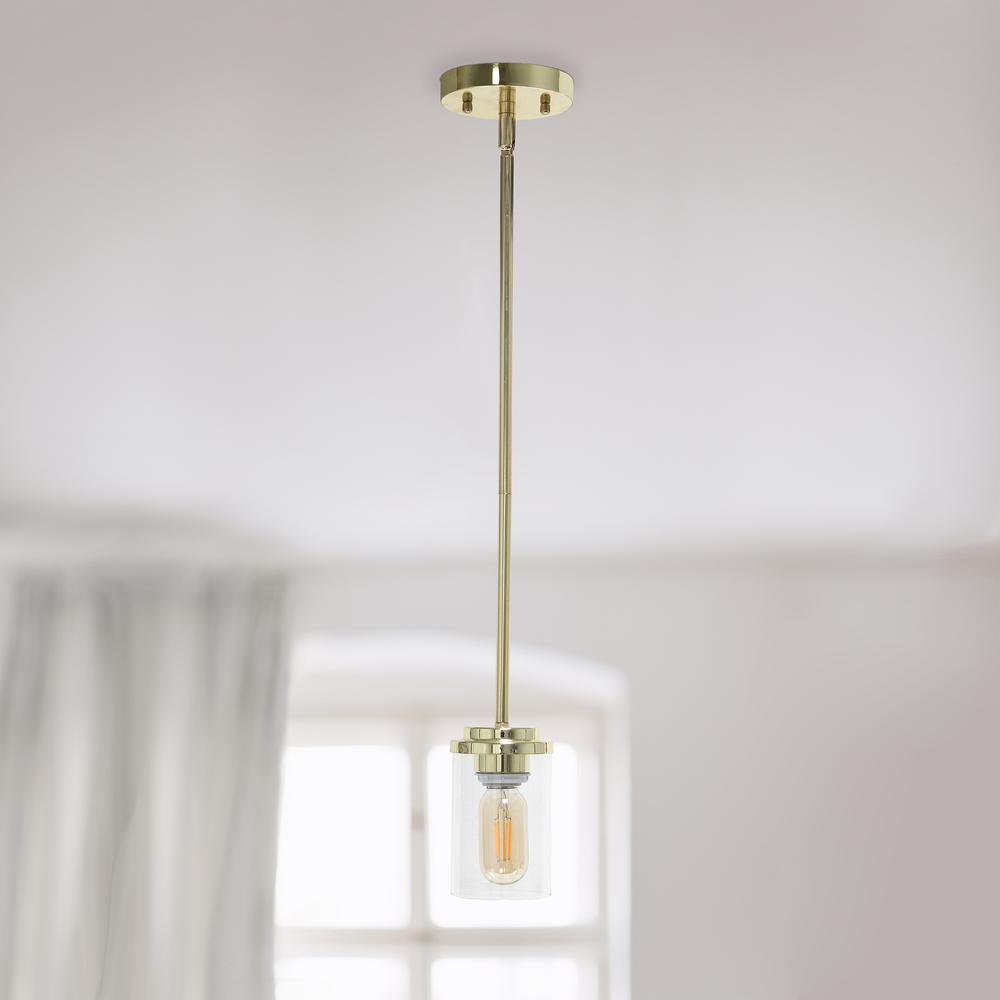 5.75" 1-Light Cylindrical Clear Glass Hanging Ceiling Pendant, Gold. Picture 2