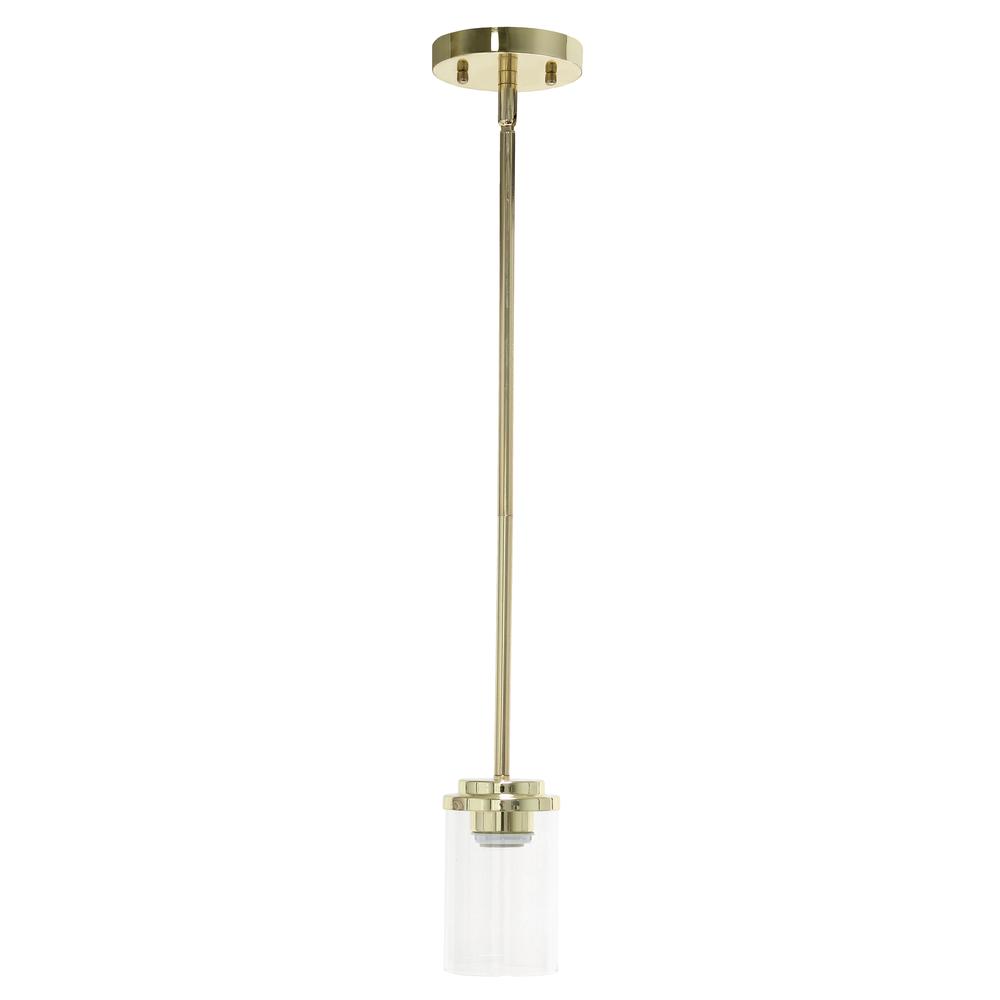 5.75" 1-Light Cylindrical Clear Glass Hanging Ceiling Pendant, Gold. Picture 8