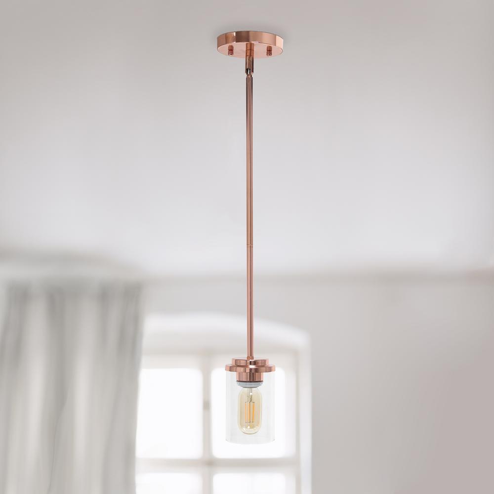 5.75" 1-Light Cylindrical Clear Glass Hanging Ceiling Pendant, Rose Gold. Picture 5