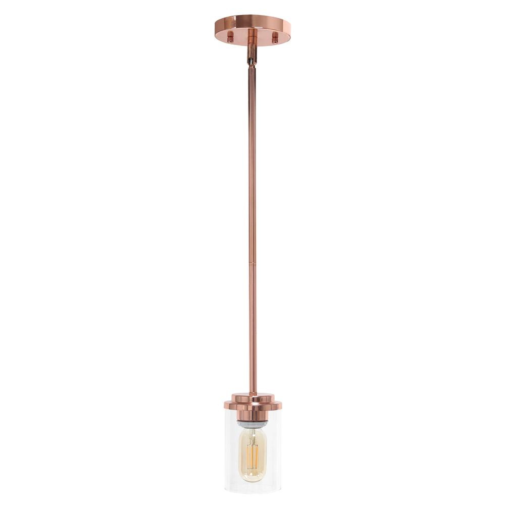 5.75" 1-Light Cylindrical Clear Glass Hanging Ceiling Pendant, Rose Gold. Picture 9