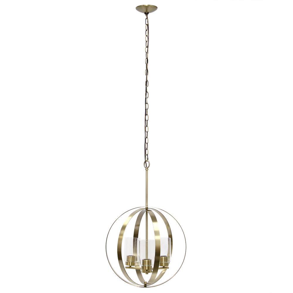 18" 3-Light Metal Clear Glass Hanging Ceiling Pendant, Antique Brass. Picture 9