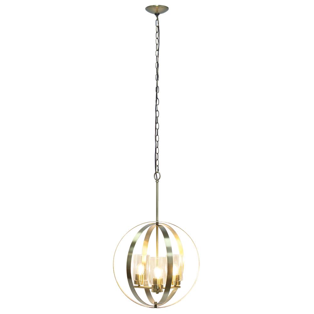 18" 3-Light Metal Clear Glass Hanging Ceiling Pendant, Antique Brass. Picture 1