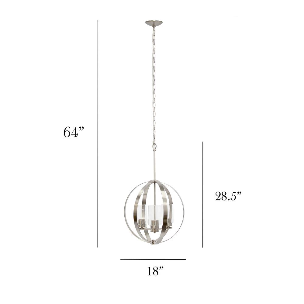 18" 3-Light Metal Clear Glass Hanging Ceiling Pendant, Brushed Nickel. Picture 8