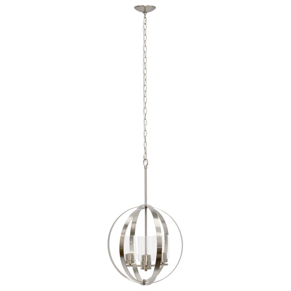 18" 3-Light Metal Clear Glass Hanging Ceiling Pendant, Brushed Nickel. Picture 9