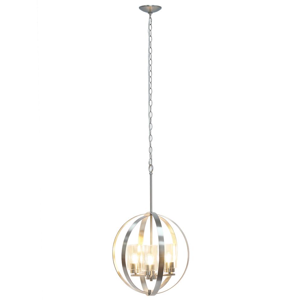 18" 3-Light Metal Clear Glass Hanging Ceiling Pendant, Brushed Nickel. Picture 1