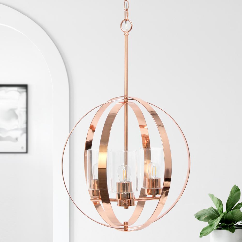 18" 3-Light Metal Clear Glass Hanging Ceiling Pendant, Rose Gold. Picture 3