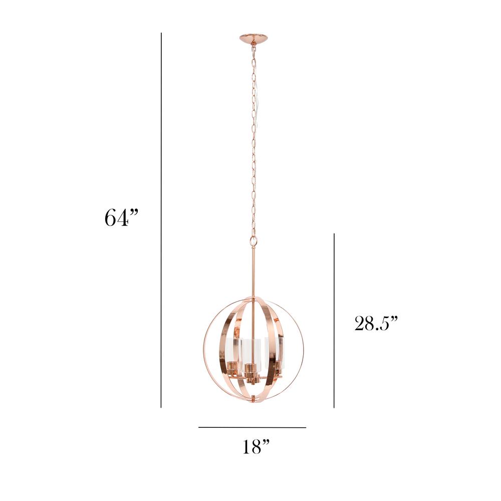 18" 3-Light Metal Clear Glass Hanging Ceiling Pendant, Rose Gold. Picture 8