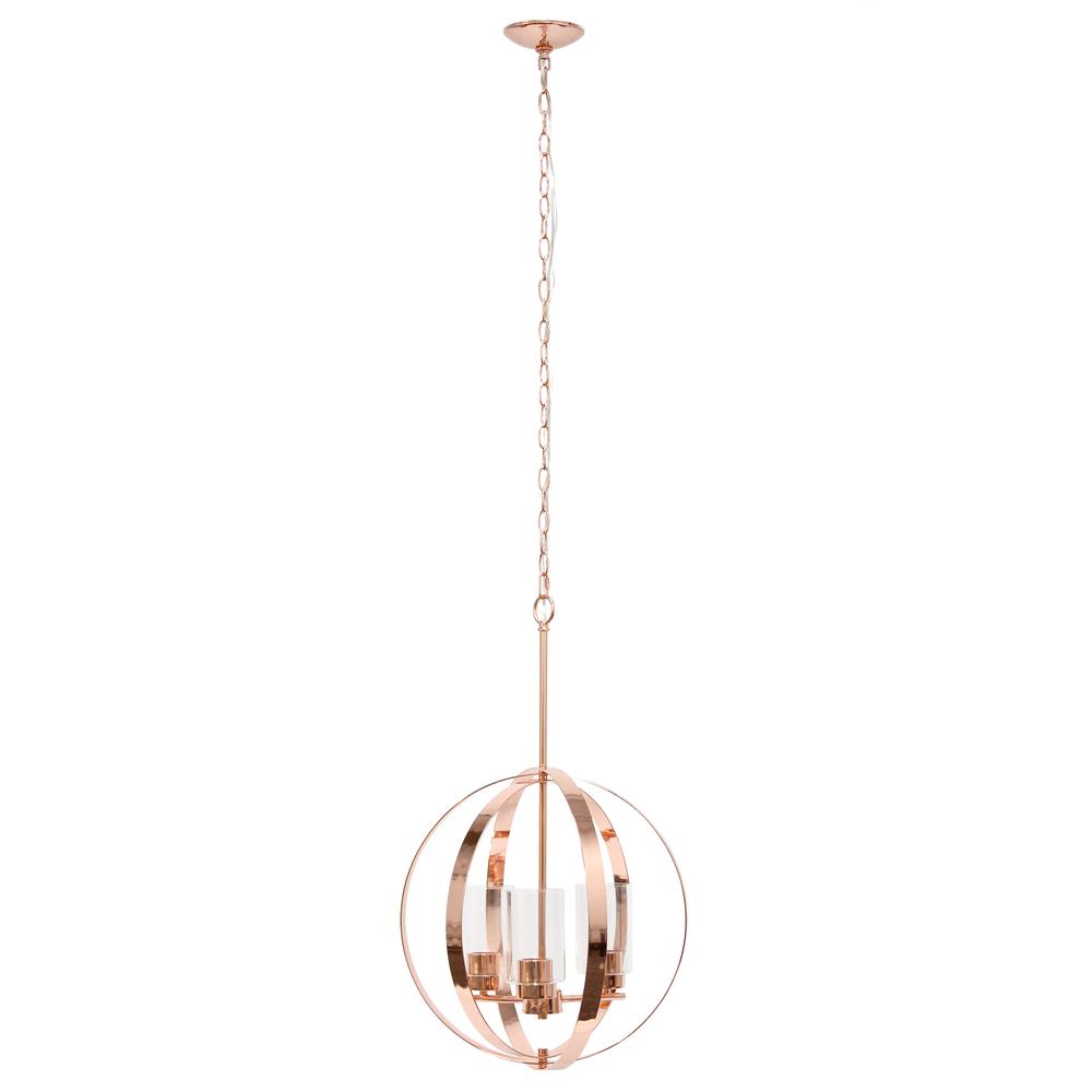 18" 3-Light Metal Clear Glass Hanging Ceiling Pendant, Rose Gold. Picture 9