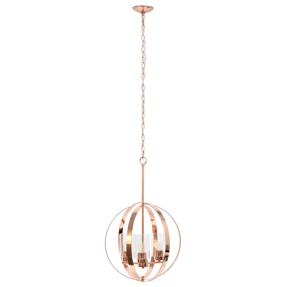 18" 3-Light Metal Clear Glass Hanging Ceiling Pendant, Rose Gold. Picture 10