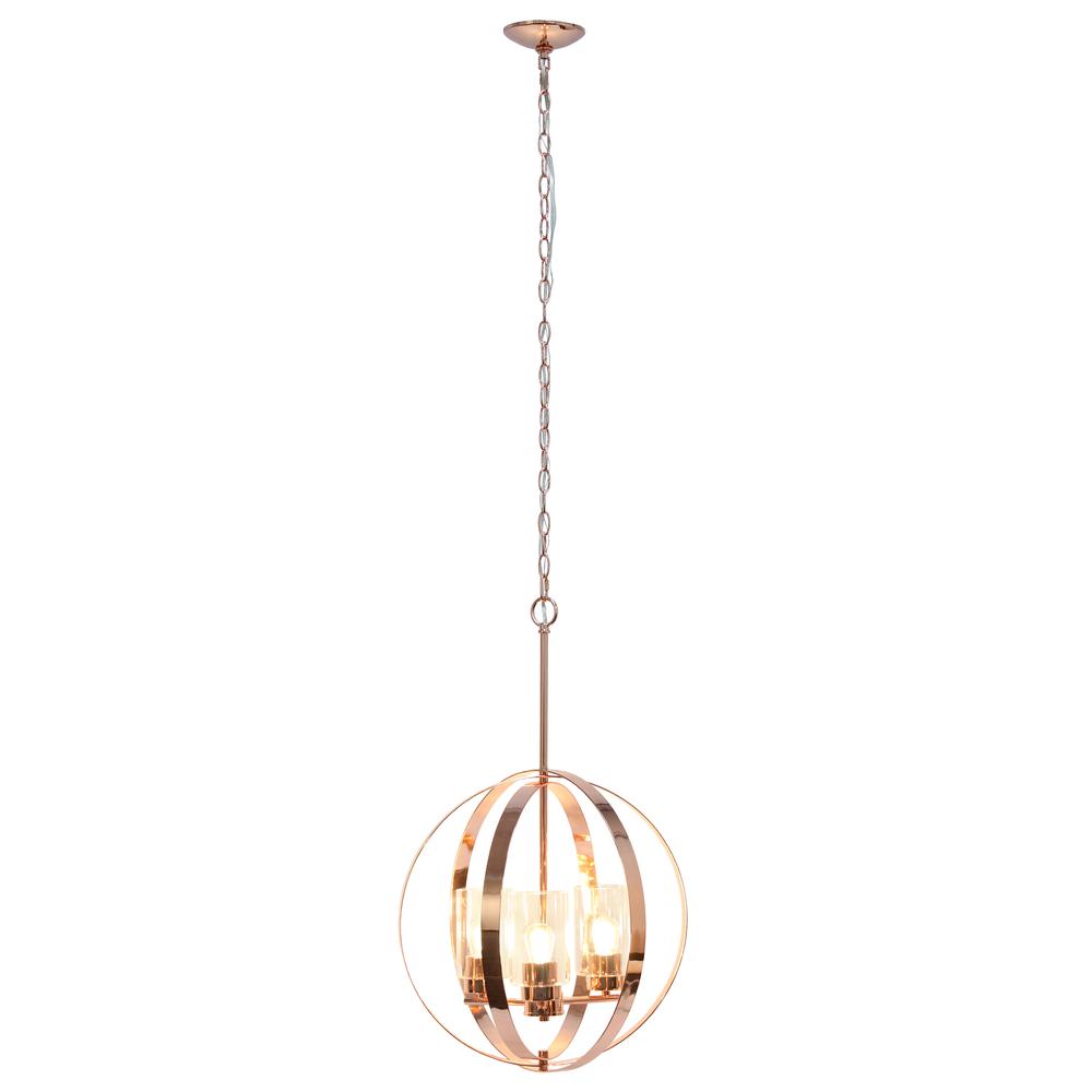 18" 3-Light Metal Clear Glass Hanging Ceiling Pendant, Rose Gold. Picture 1