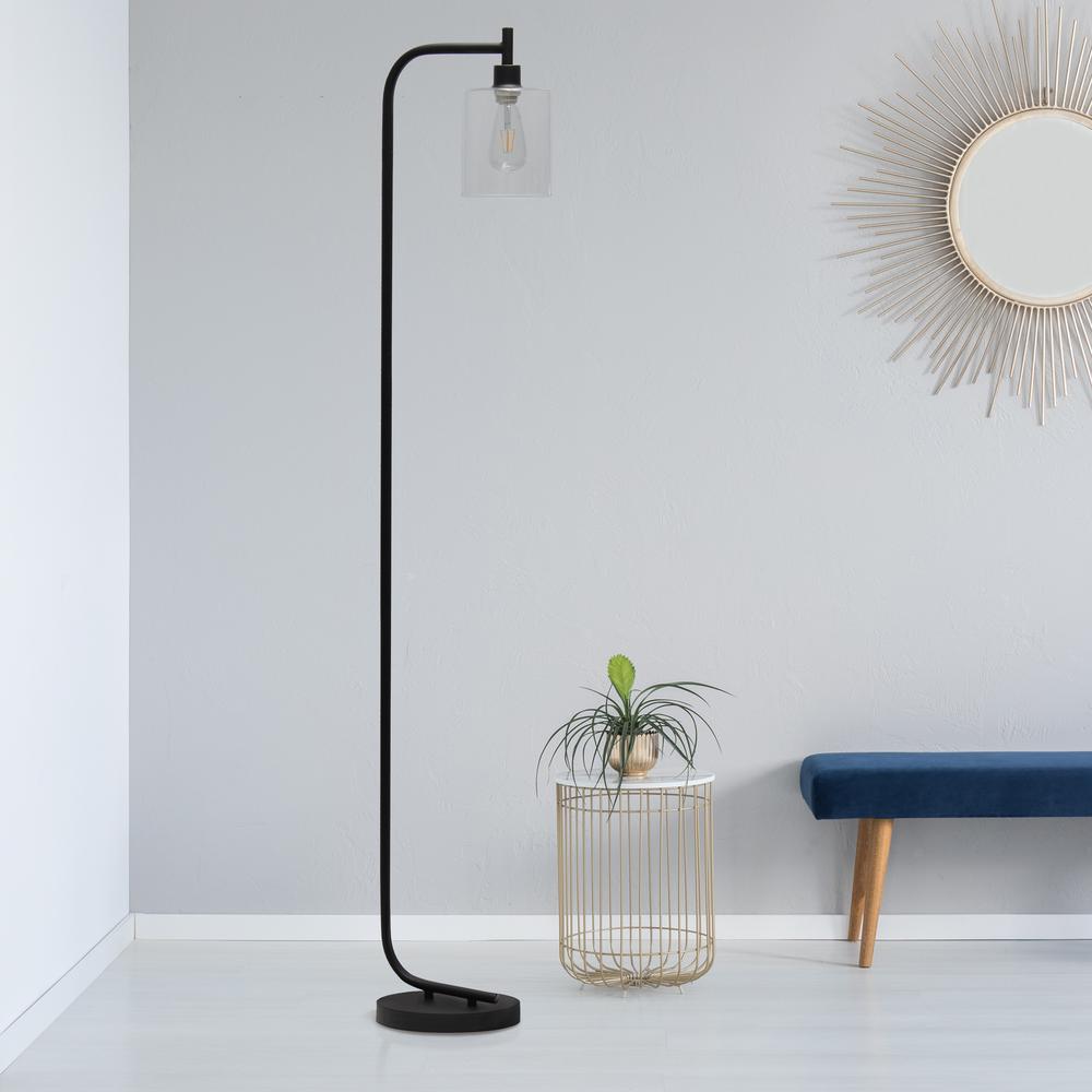 Modern Iron Lantern Floor Lamp with Glass Shade, Black. Picture 4