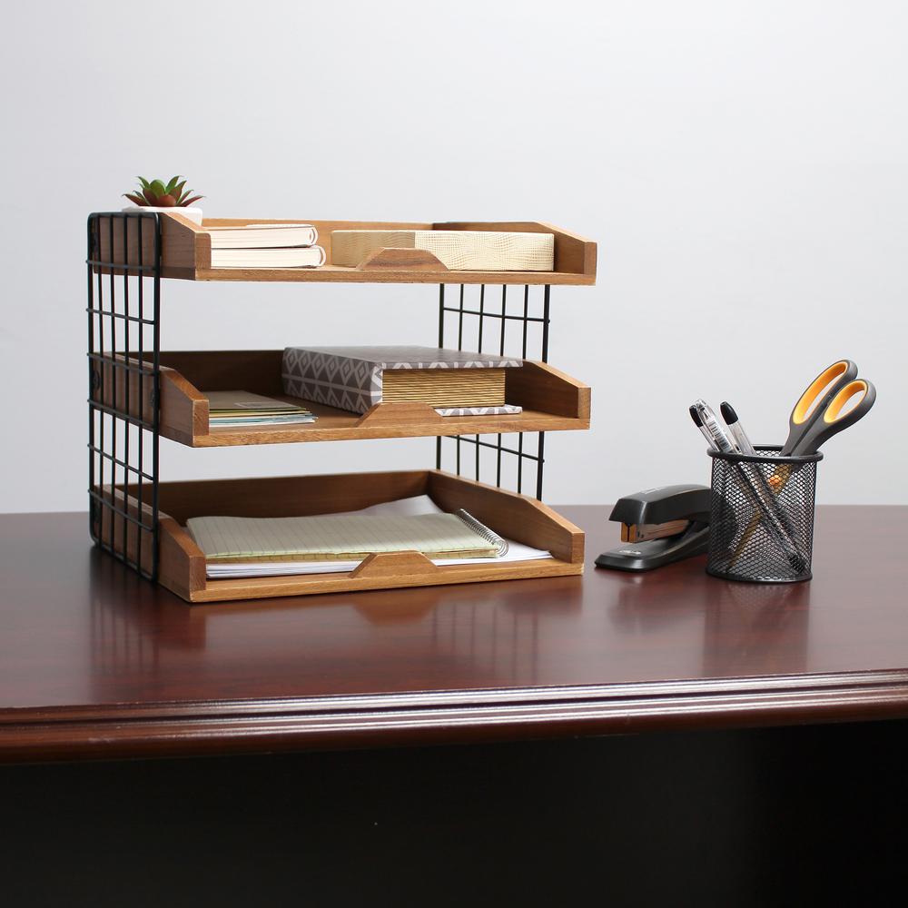 Home Office Wood Desk Organizer Mail Letter Tray with 3 Shelves. Picture 5