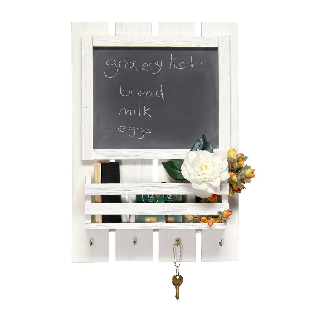 Elegant Designs Chalkboard Sign with Key Holder Hooks and Mail Storage, White Wash. Picture 5