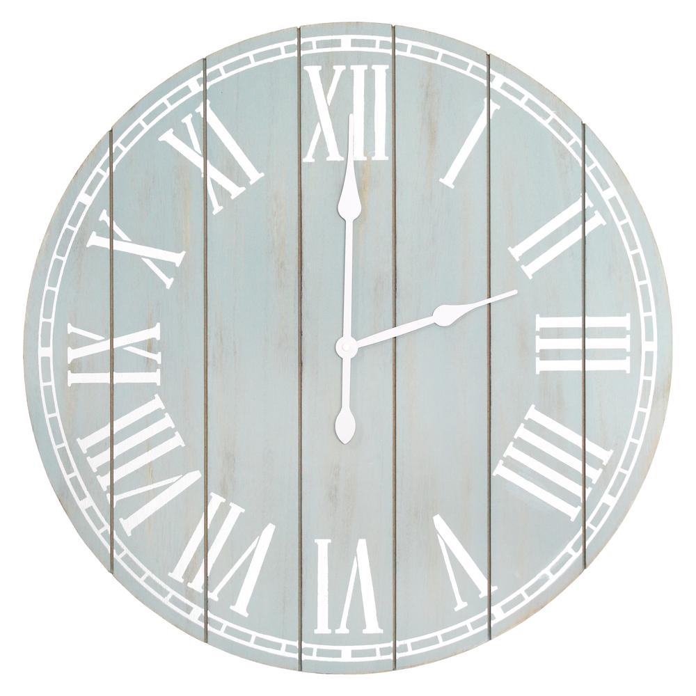 Wood Plank 23" Large Rustic Coastal Wall Clock, Light Blue Wash. Picture 1