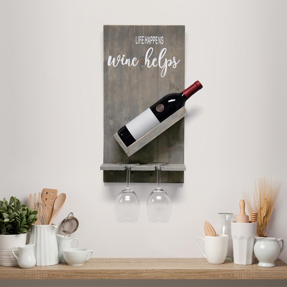 Elegant Designs Lucca Wall Mounted Wooden “Life Happens Wine Helps” Wine Bottle Shelf with Glass Holder, Rustic Gray RUSTIC GRAY. Picture 6