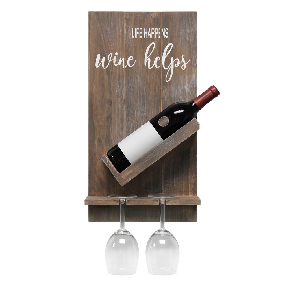 Elegant Designs Lucca Wall Mounted Wooden “Life Happens Wine Helps” Wine Bottle Shelf with Glass Holder, Restored Wood. Picture 5