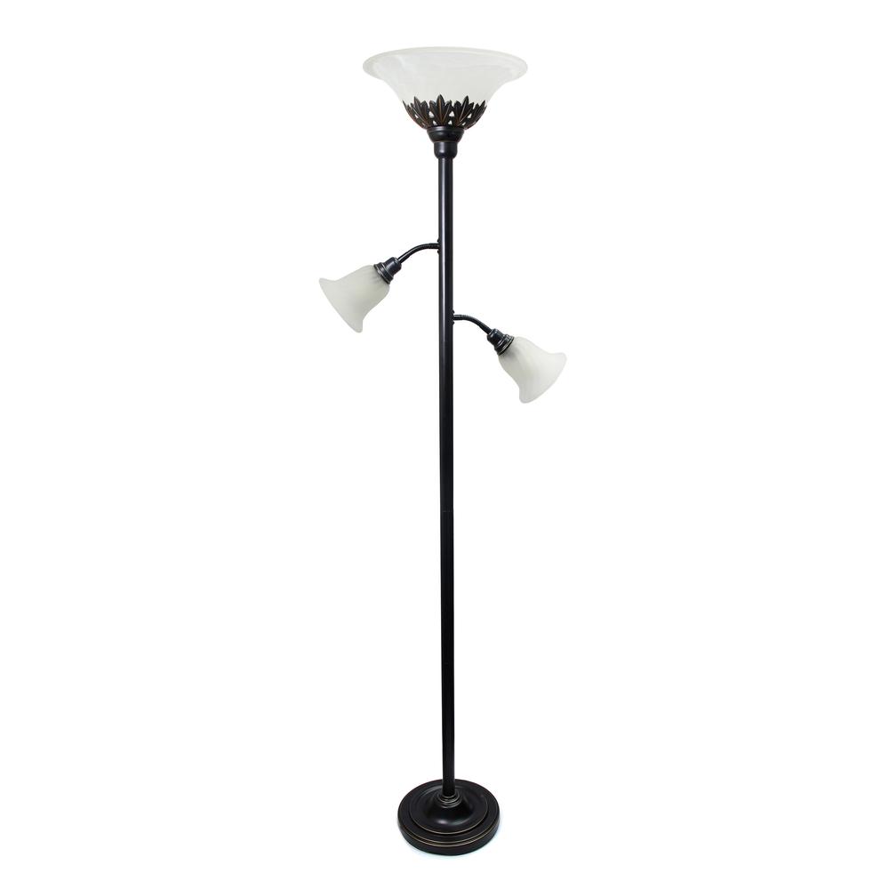 Torchiere Floor Lamp with 2 Reading Lights and Scalloped Glass Shades. Picture 1
