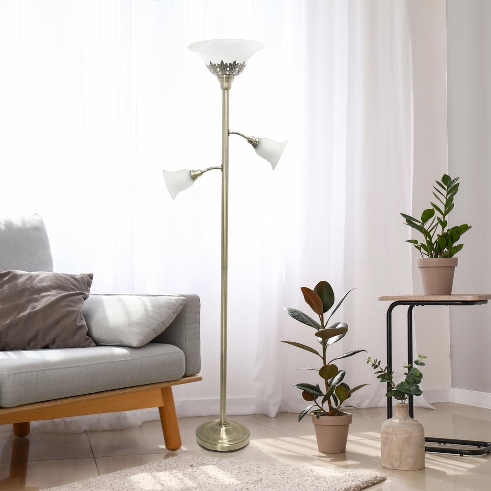 Torchiere Floor Lamp with 2 Reading Lights and Scalloped Glass Shades. Picture 4