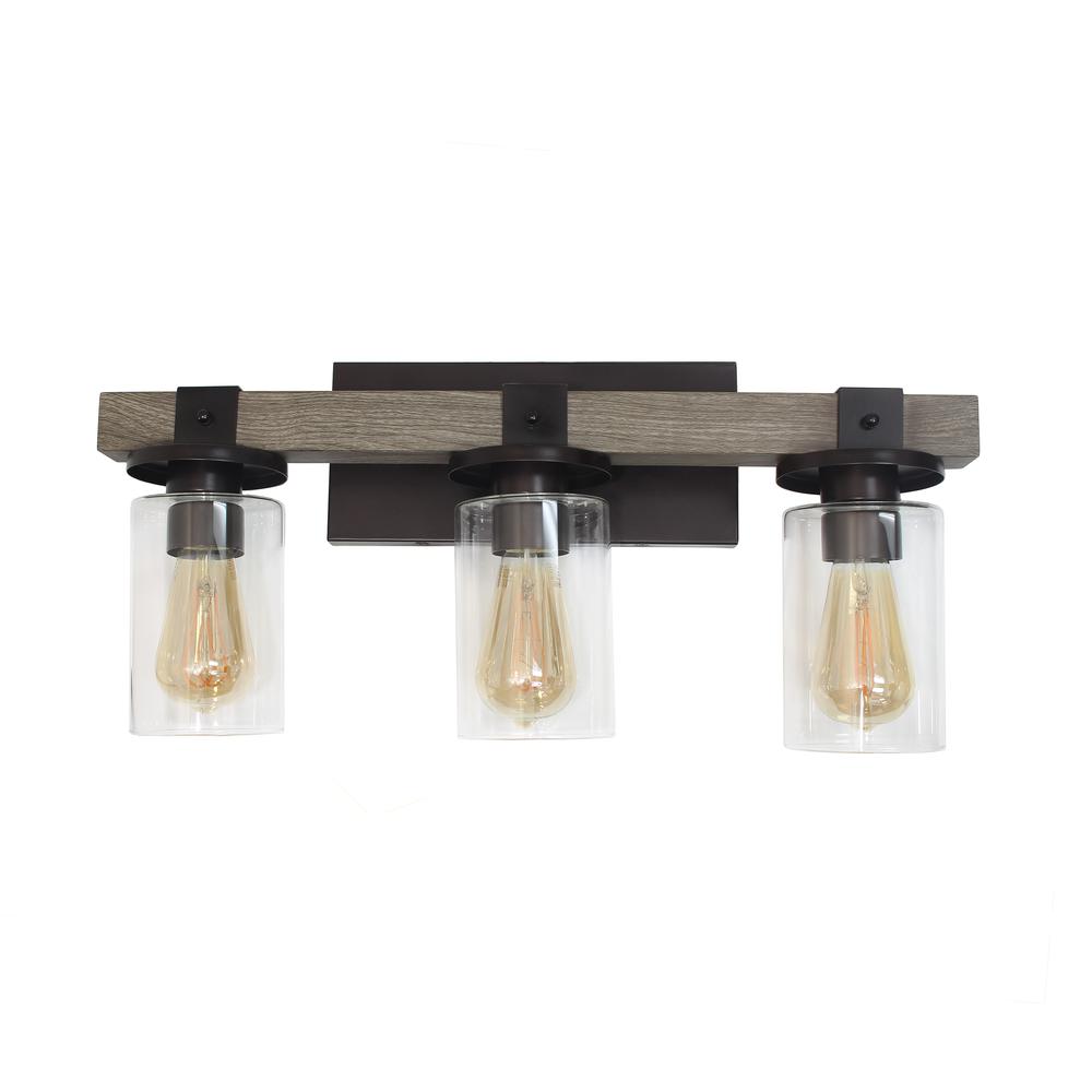 Elegant Designs Industrial Rustic Lantern Restored Wood Look 3 Light Bath Vanity, Gray