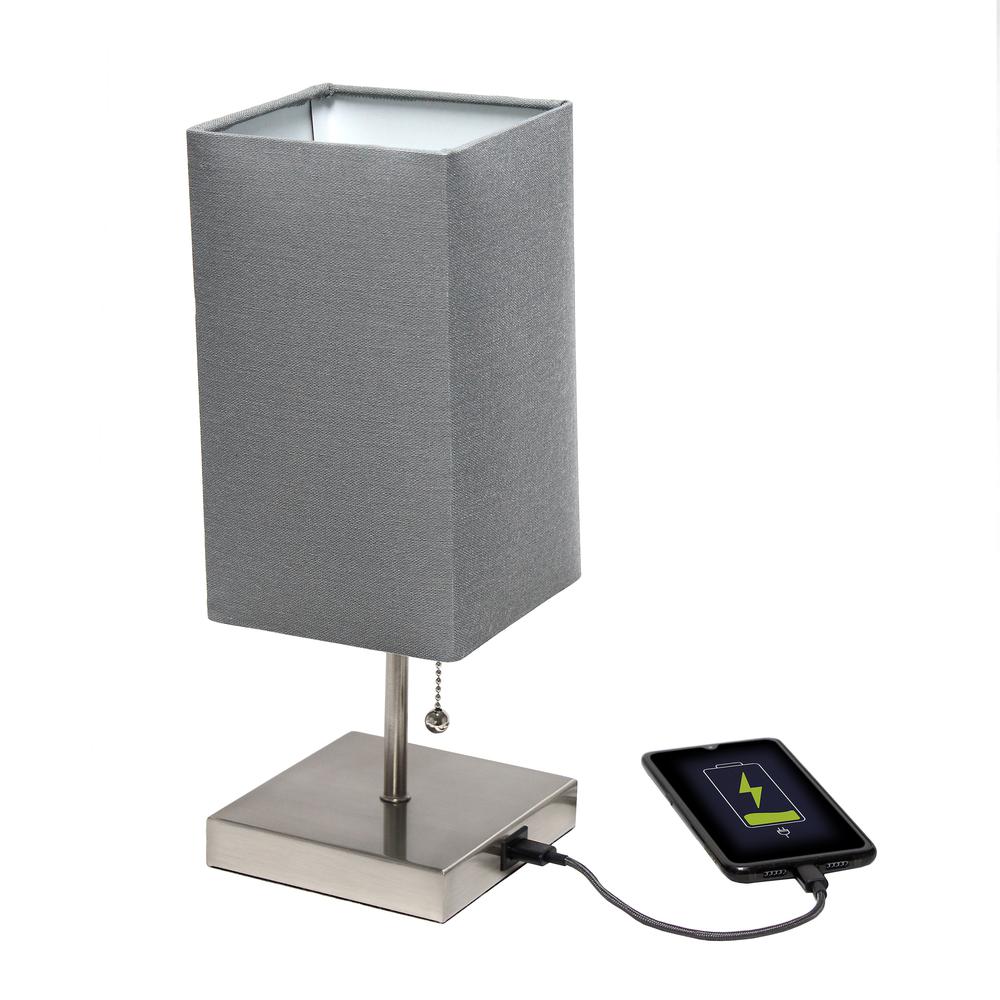 Petite Stick Lamp with USB Charging Port and Fabric Shade, Gray. Picture 6