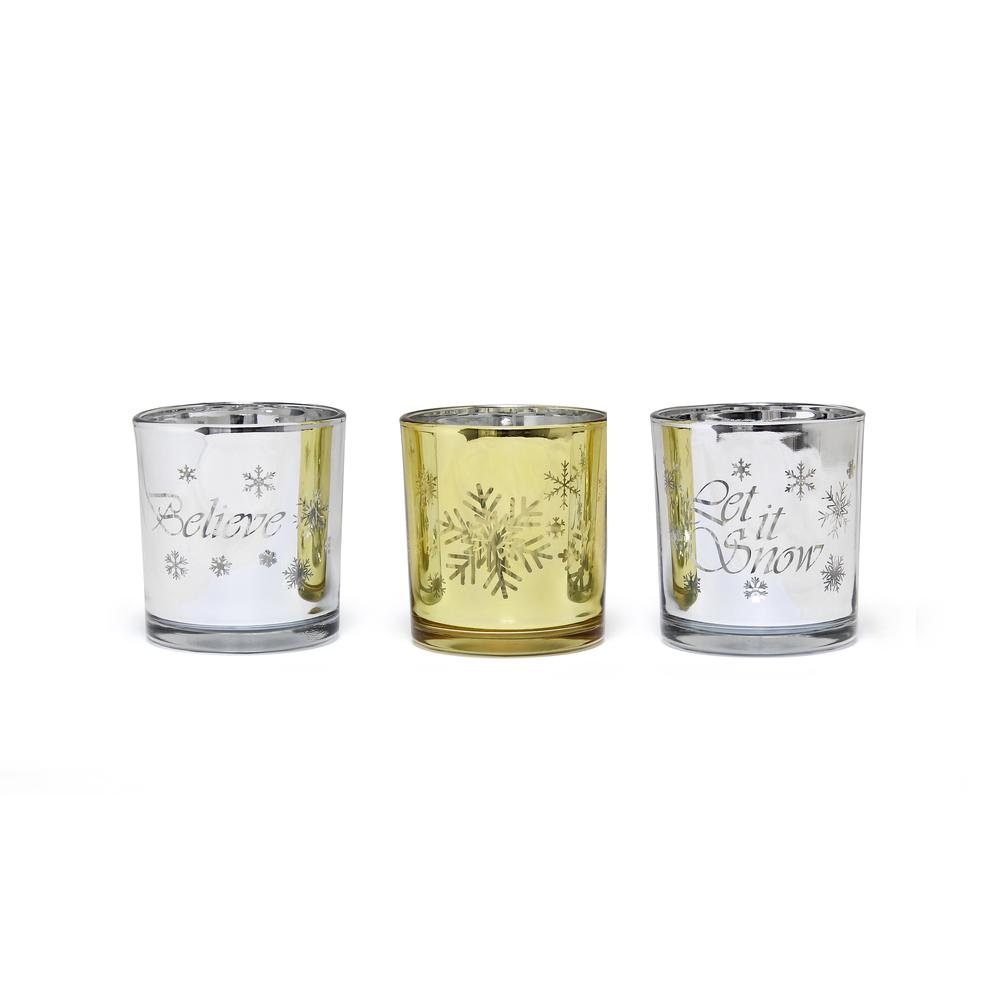 Winter Wonderland Candle Set of 3, Silver and Gold. Picture 3