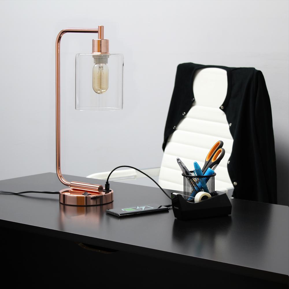 Modern Iron Desk Lamp with USB Port and Glass Shade, Rose Gold. Picture 4