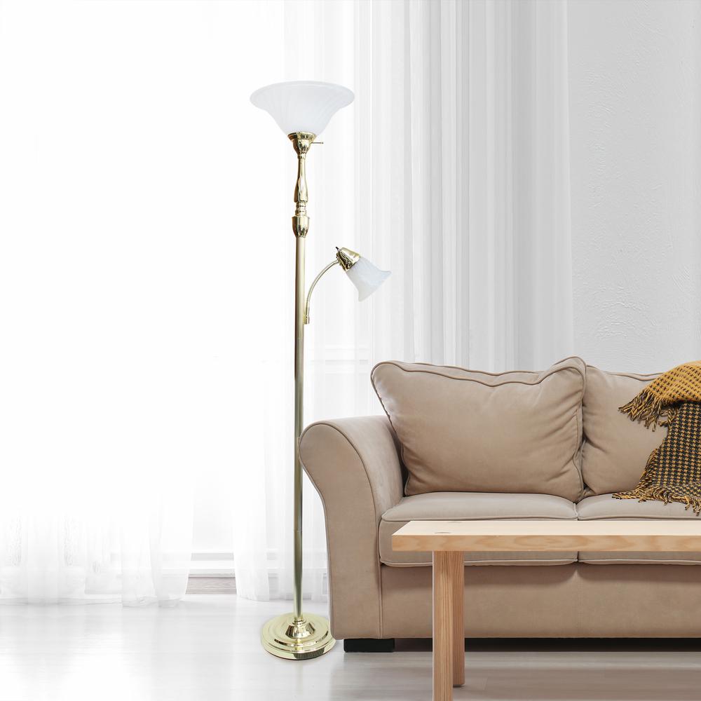 Torchiere Floor Lamp with Reading Light and Marble Glass Shades, Gold. Picture 3