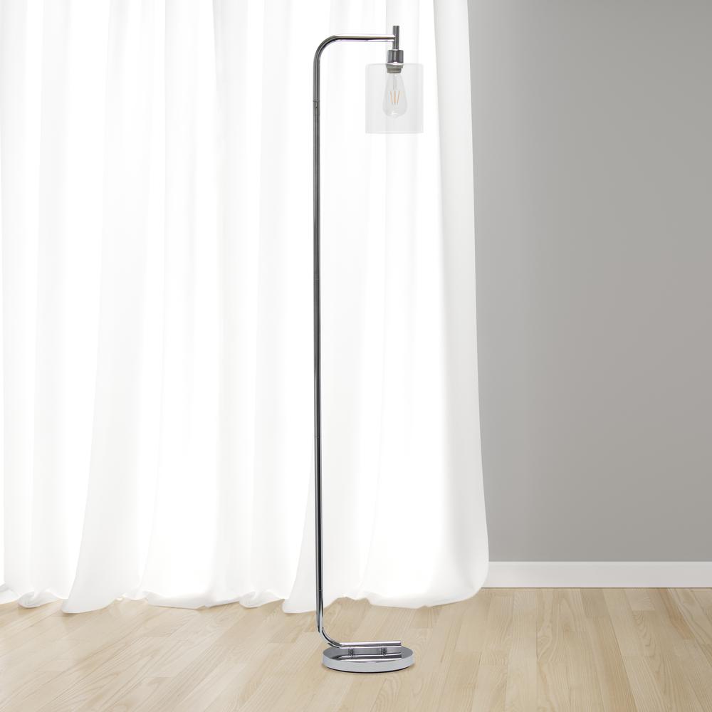 Modern Iron Lantern Floor Lamp with Glass Shade, Chrome. Picture 3