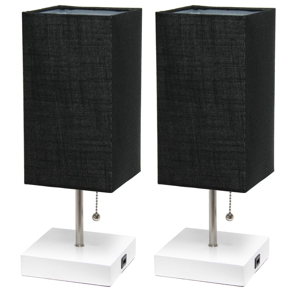 Simple Designs Petite White Stick Lamp with USB Charging Port and Fabric Shade 2 Pack Set, Black. Picture 1