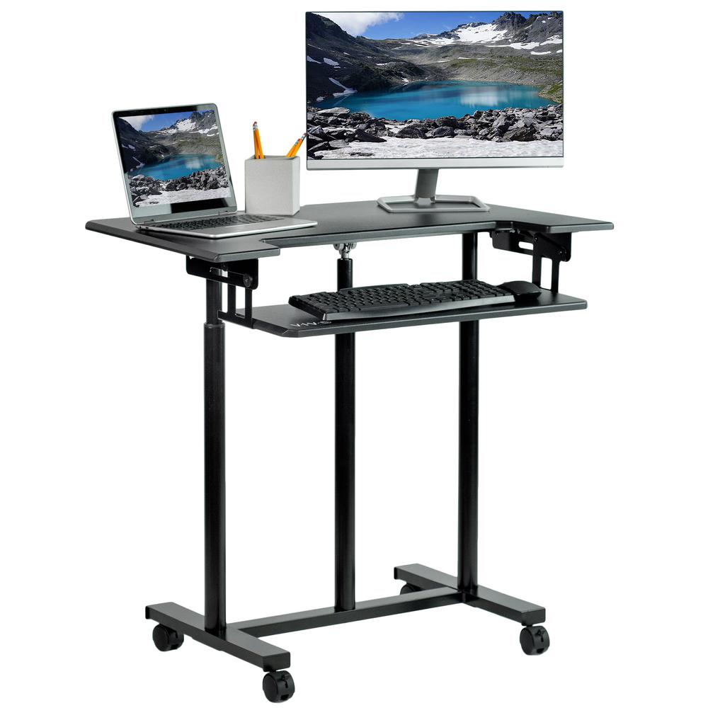 VIVO Mobile Height Adjustable Table, Stand Up Desk Cart with Sliding Keyboard Tray, Computer Workstation, Rolling Presentation Cart, Black, CART-V06A. Picture 10