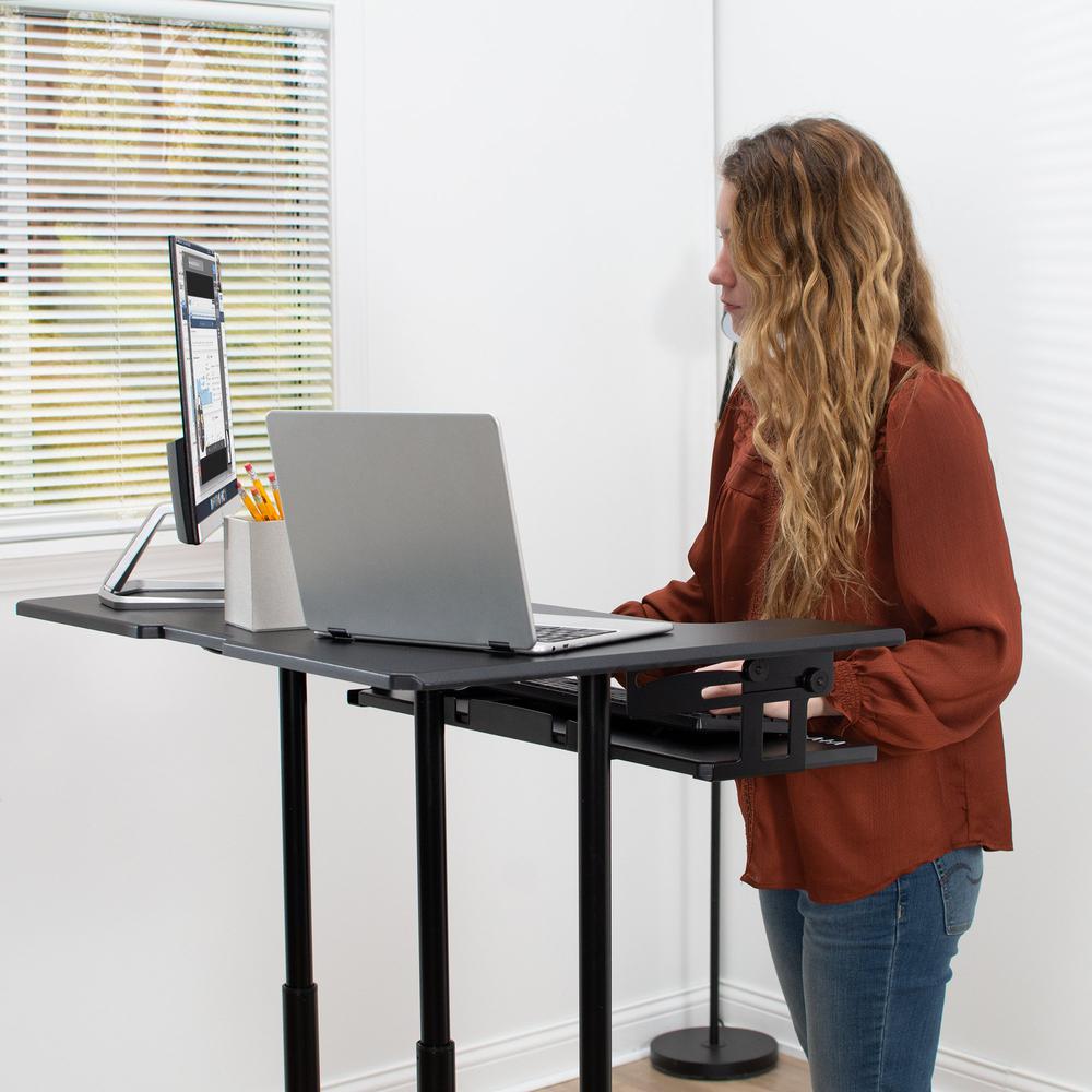 VIVO Mobile Height Adjustable Table, Stand Up Desk Cart with Sliding Keyboard Tray, Computer Workstation, Rolling Presentation Cart, Black, CART-V06A. Picture 14