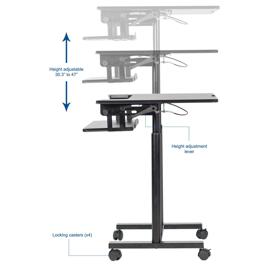 VIVO Mobile Height Adjustable Table, Stand Up Desk Cart with Sliding Keyboard Tray, Computer Workstation, Rolling Presentation Cart, Black, CART-V06A. Picture 15