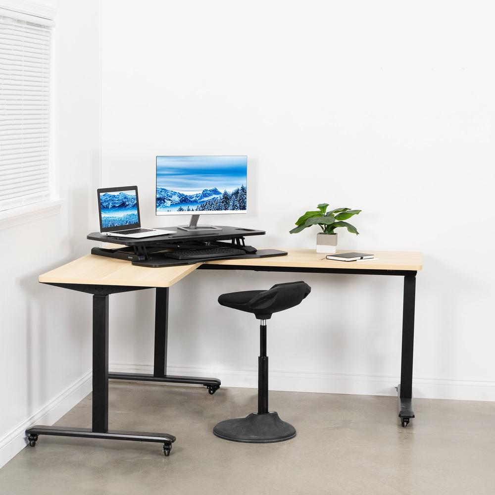 VIVO Black Extra Wide Corner Height Adjustable 38 inch Stand up Desk Converter, Sit Stand Tabletop Dual Monitor and Laptop Riser Workstation, DESK-V000KL. Picture 16