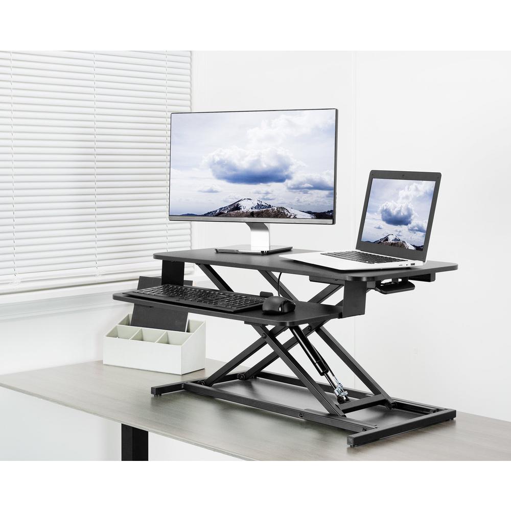 VIVO Desk Riser 32 inch Standing Converter with Quick Pneumatic Spring, Economic Height Adjustable Sit Stand Dual Monitor and Laptop Workstation, Black, DESK-V000S. Picture 11