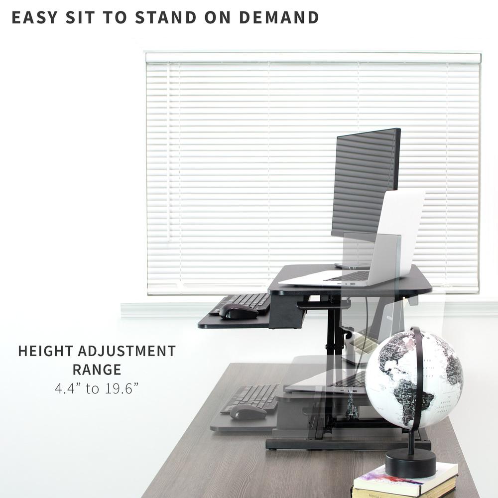 VIVO Desk Riser 32 inch Standing Converter with Quick Pneumatic Spring, Economic Height Adjustable Sit Stand Dual Monitor and Laptop Workstation, Black, DESK-V000S. Picture 12