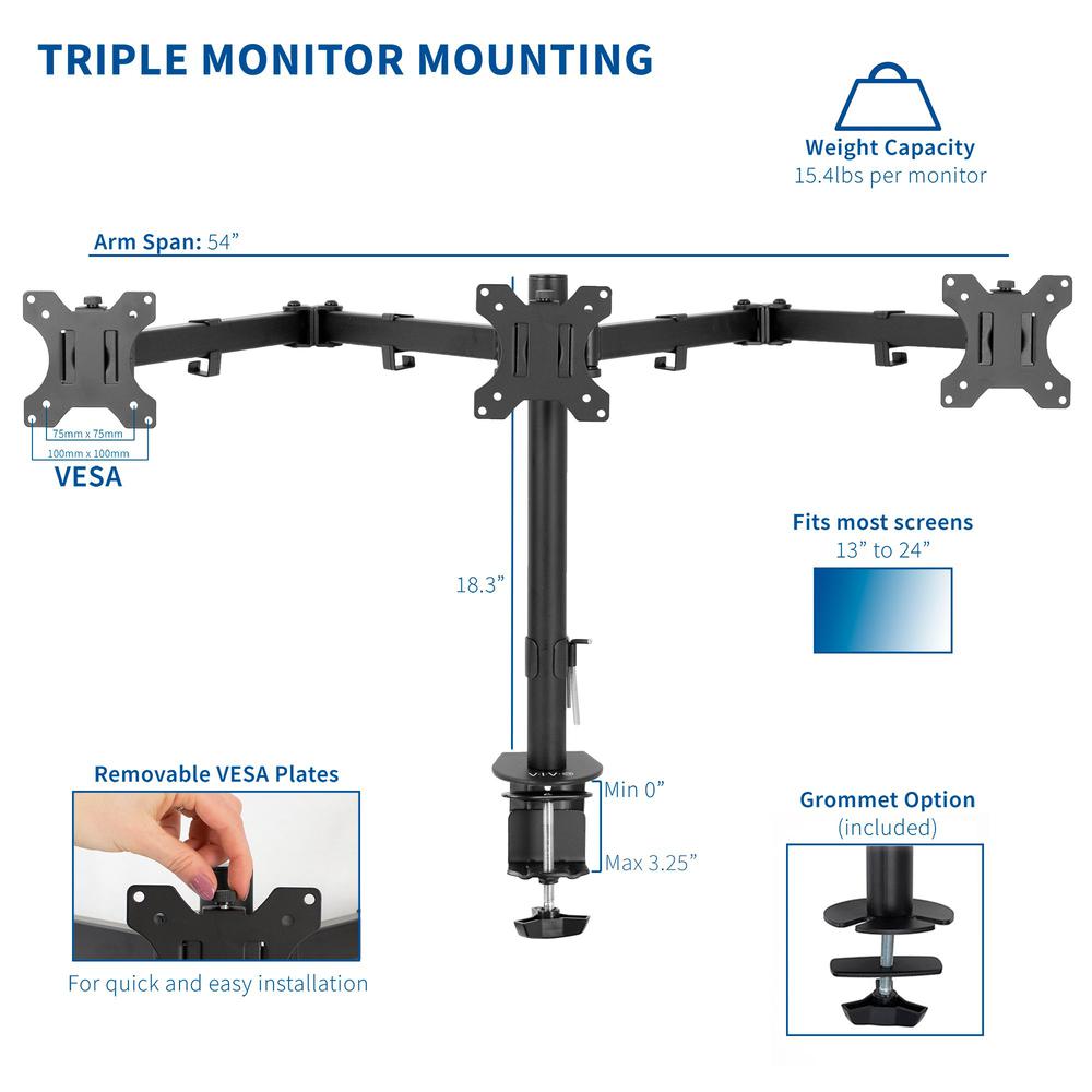 VIVO Black Triple Monitor Adjustable Desk Mount, Articulating Tri Stand Holds 3 Screens up to 24 inches STAND-V003Y. Picture 13