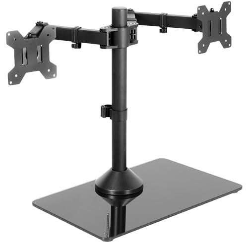 Freestanding Dual Monitor Stand with Sleek Glass Base and Adjustable Arms. Picture 1